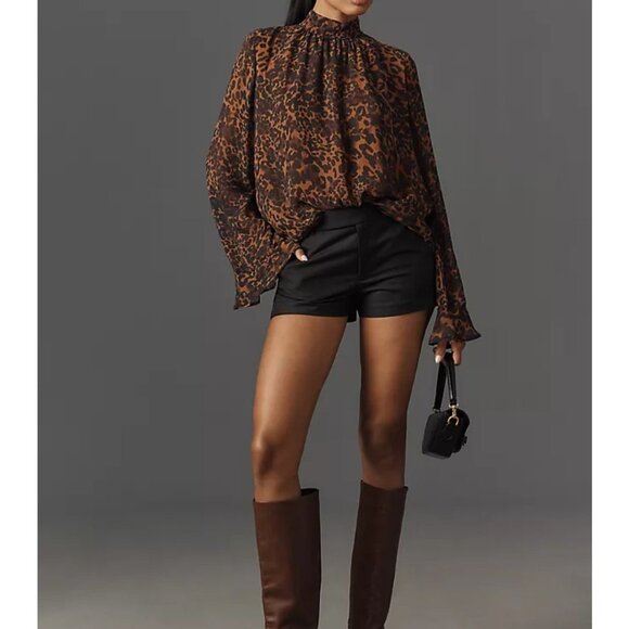 Maeve Anthropologie Animal Print Blouse Top Women's 1X Brown Black Flared Sleeve - Picture 5 of 16